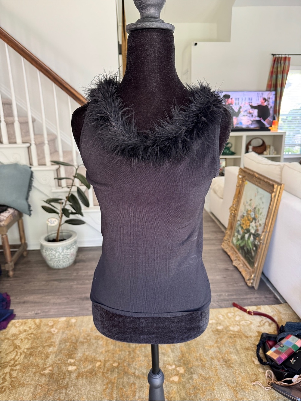 Hard Candy Black Sleeveless Camisole with Faux-Fur Feather Trim